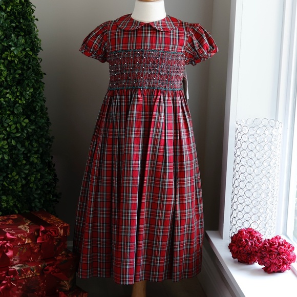 Strasburg Dress Tartan Plaid Short Sleeve Smocked Girl Size 6 Seasonal Party NWT